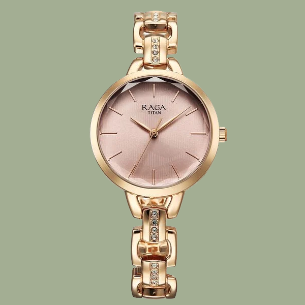 Titan Raga Showstopper Quartz Analog Rose Gold Dial Metal Strap Watch For Women
