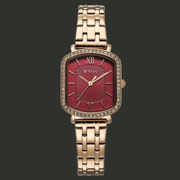 Titan Purple Metro Quartz Analog Red Dial Rose Gold Plated Stainless Steel Strap Watch For Women