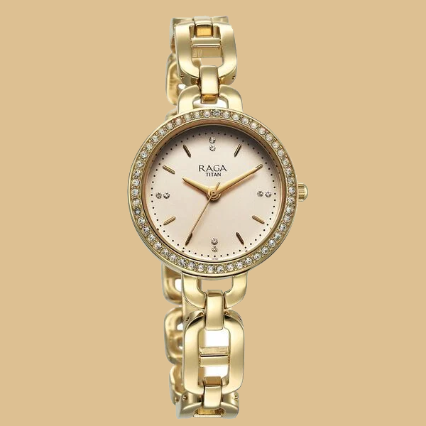 Titan Raga Showstopper Quartz Analog Golden Dial Metal Strap Watch For Women
