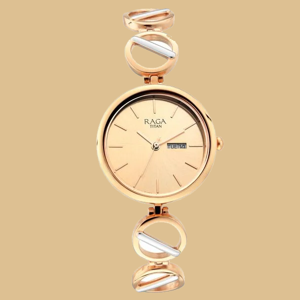 Titan Raga Viva Quartz Analog with Day and Date Rose Gold Dial Two Toned Metal Strap Watch For Women