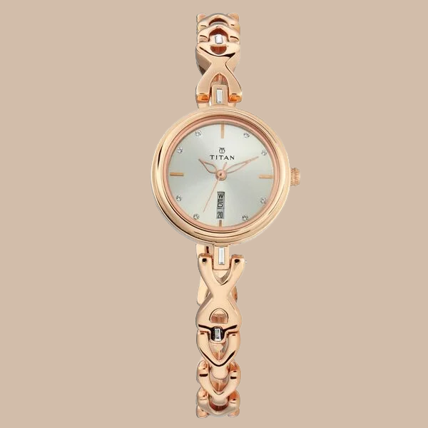 Titan Quartz Analog with Day and Date Silver Dial Metal Strap Watch for Women