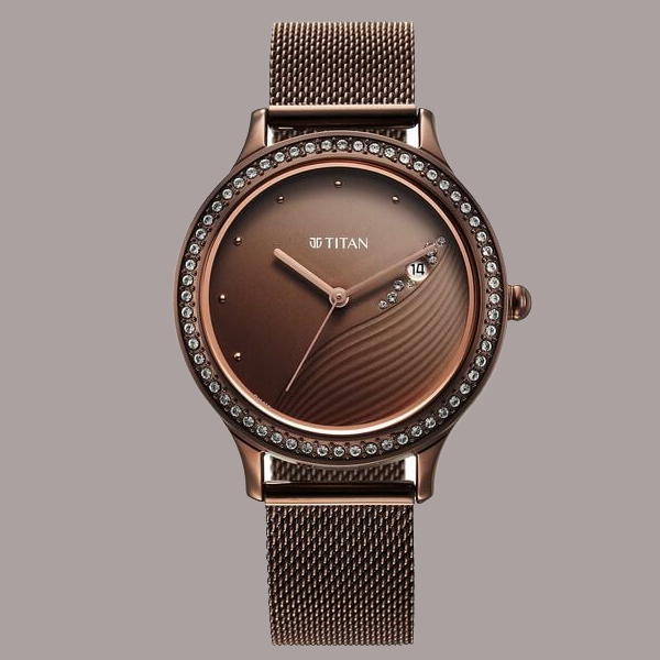 Titan Purple Glam It Up Brown Dial Analog with Date Stainless Steel Strap Watch for Women