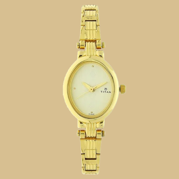 Titan Quartz Analog Champagne Dial Watch For Women With Golden Stainless Steel Strap