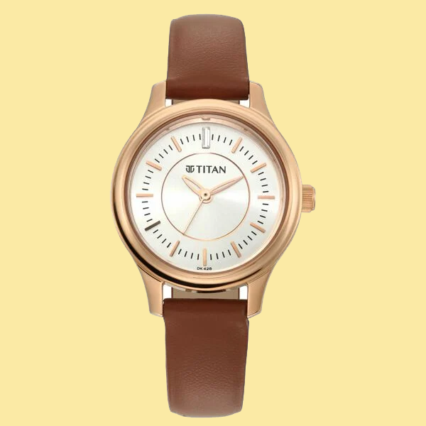 Titan Quartz Analog Silver Dial Tan Leather Strap Watch For Women