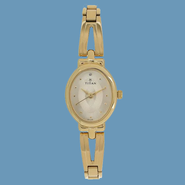 Titan Quartz Analog Champagne Dial Golden Stainless Steel Strap Oval Shaped Watch For Women