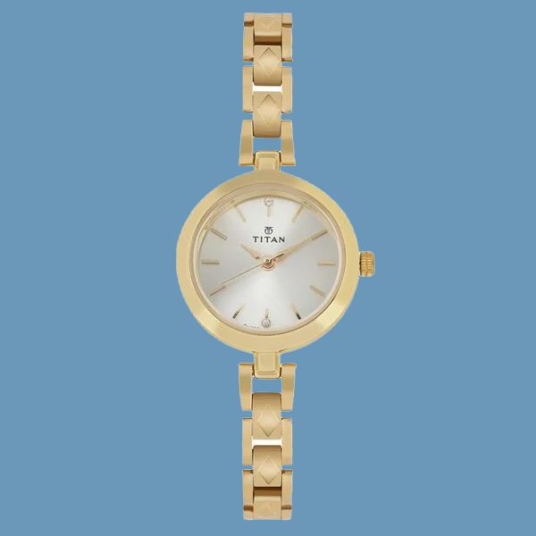 Titan Quartz Analog Champagne Dial Golden Stainless Steel Strap Watch For Women