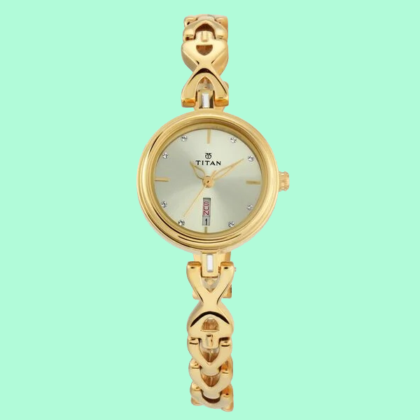 Titan Quartz Analog with Day and Date Champagne Dial Metal Strap Watch for Women