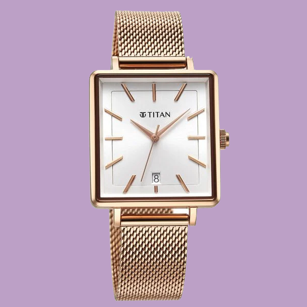 Titan Minimalists Quartz Analog with Date Silver Dial Rose Gold Stainless Steel Strap Watch for Women