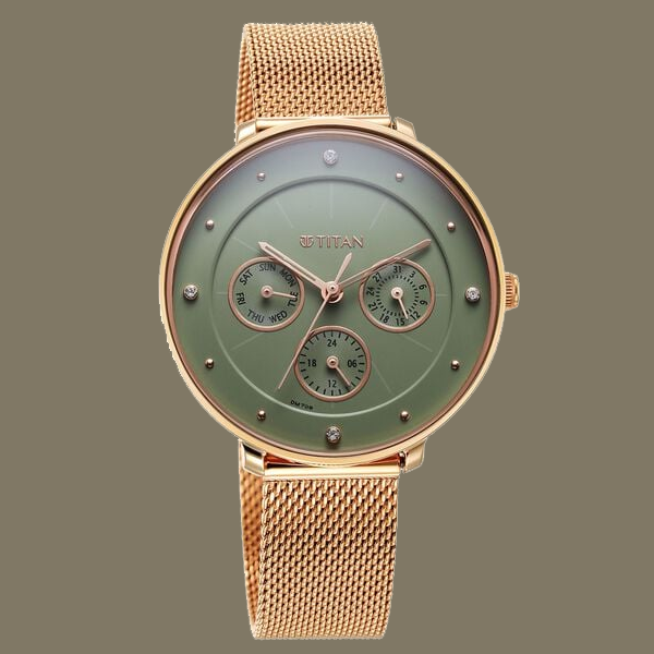 Titan Neo Quartz Multifunction Green Dial Stainless Steel Strap Watch for Women